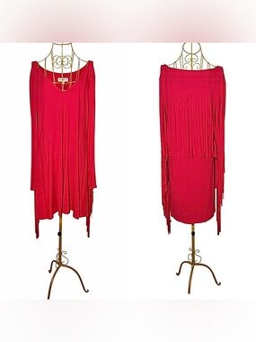 Idyllwind Western Red Midi Dress with V-Neck & Fringed Arms and Back, Size XXL